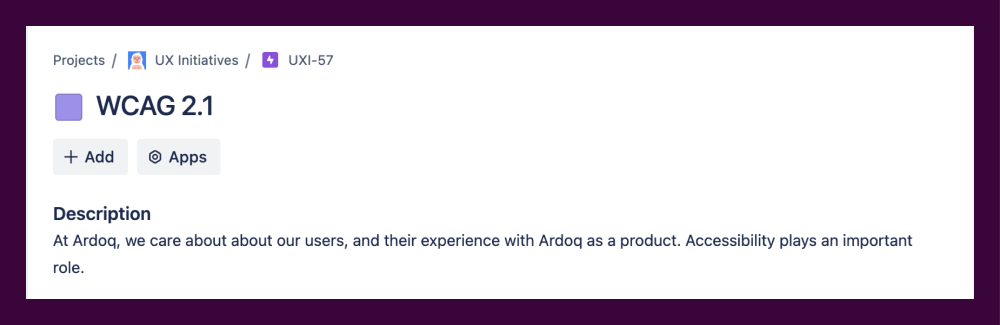 Ardoq design team’s project board showing WCAG 2.1 as a UX initiative.